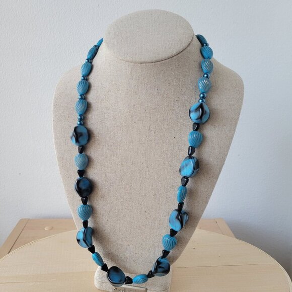 Vintage Blue Black Swirl Clay Beaded Necklace w/Boho Pierced Teardrop Earrings - Picture 1 of 16
